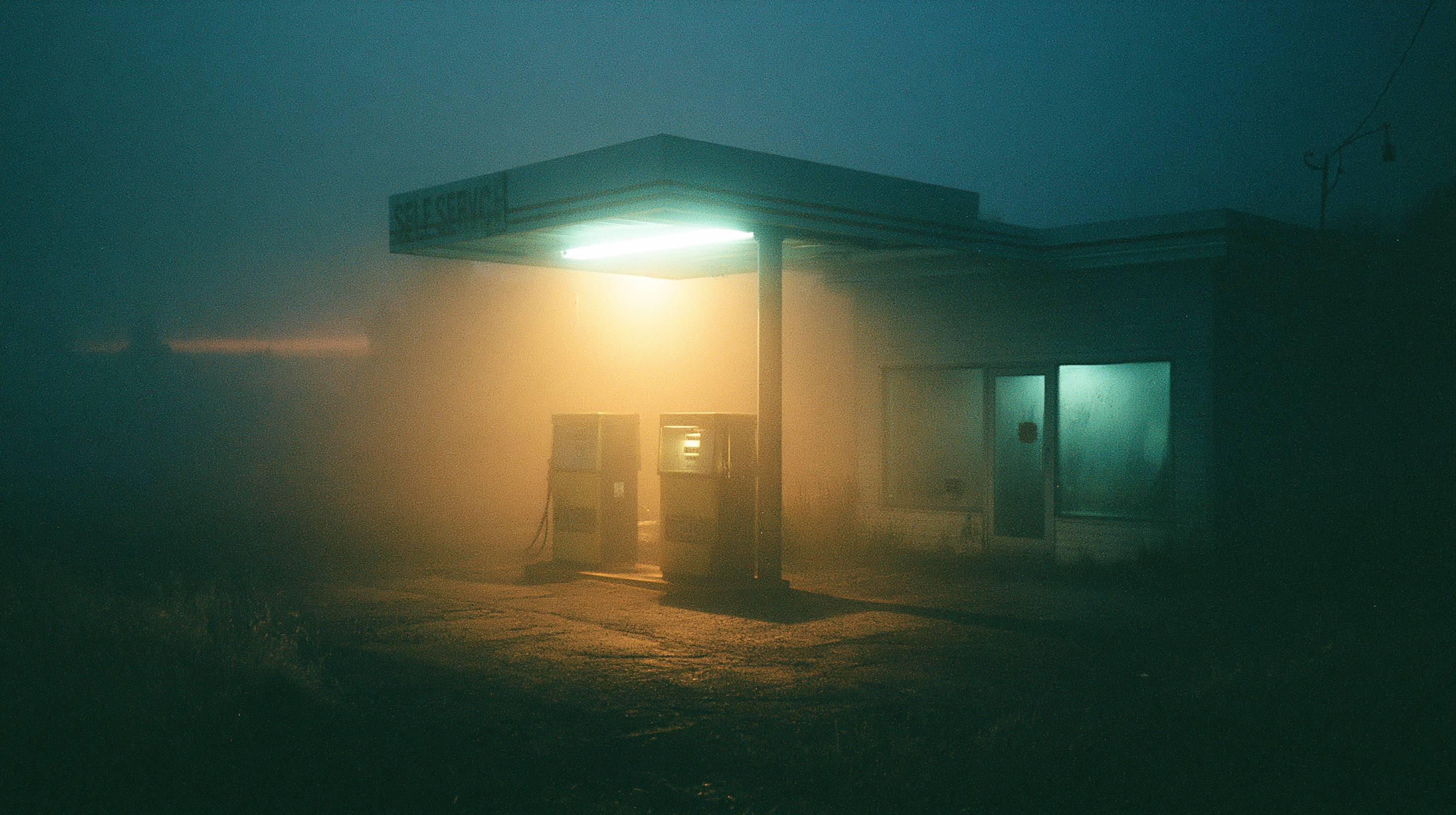 Abandoned gas station at night, fog rolling in, a single overhead light glowing warm amber under the service canopy