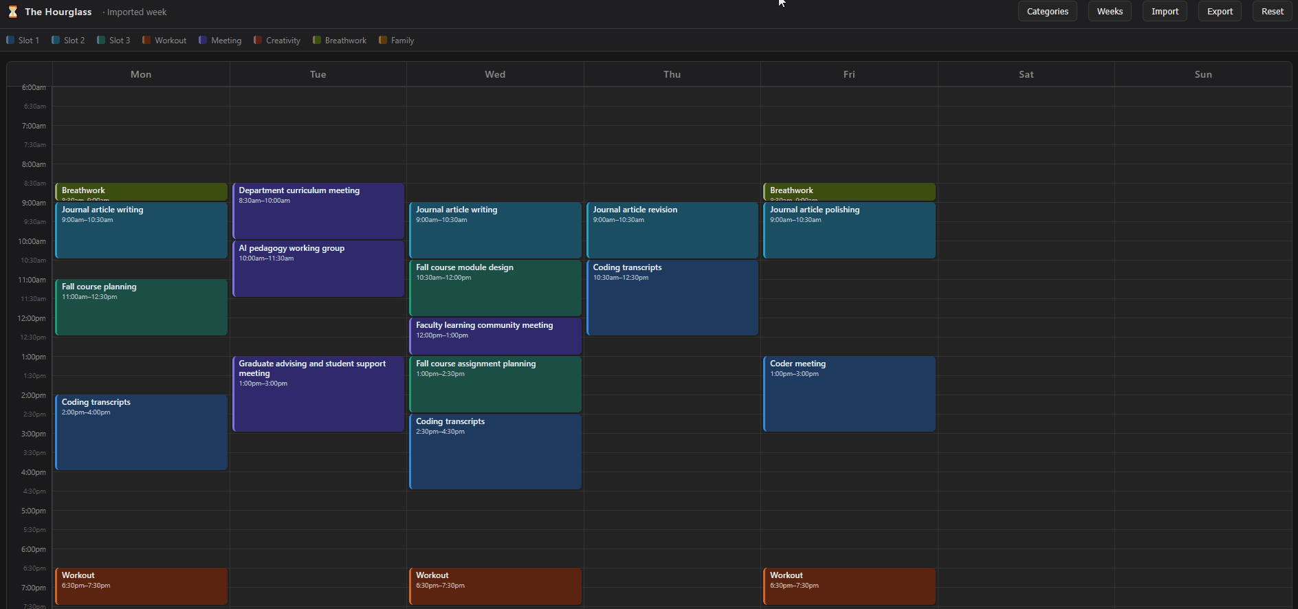 The Hourglass — a 7-day grid with color-coded time blocks